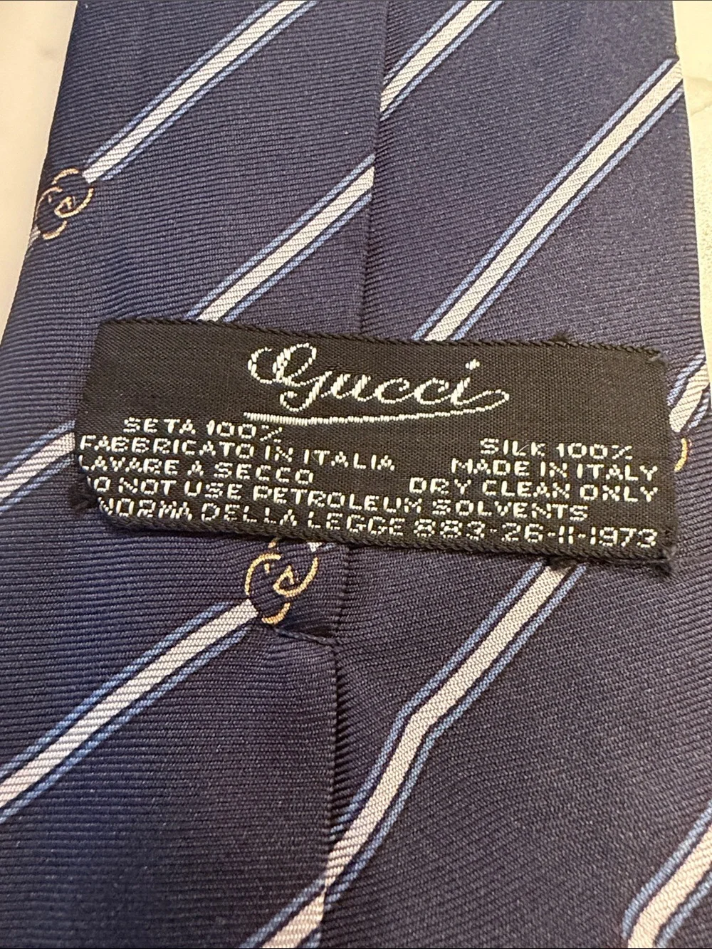 Vintage Gucci Navy Blue Silk Diagonal Stripe Tie with GG Motif